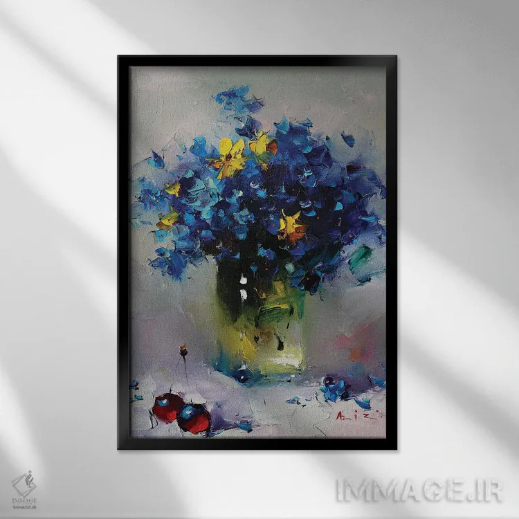 تابلو دستهگل آبی اثر عزیز سلیماناف - نمای قابدار مشکی
