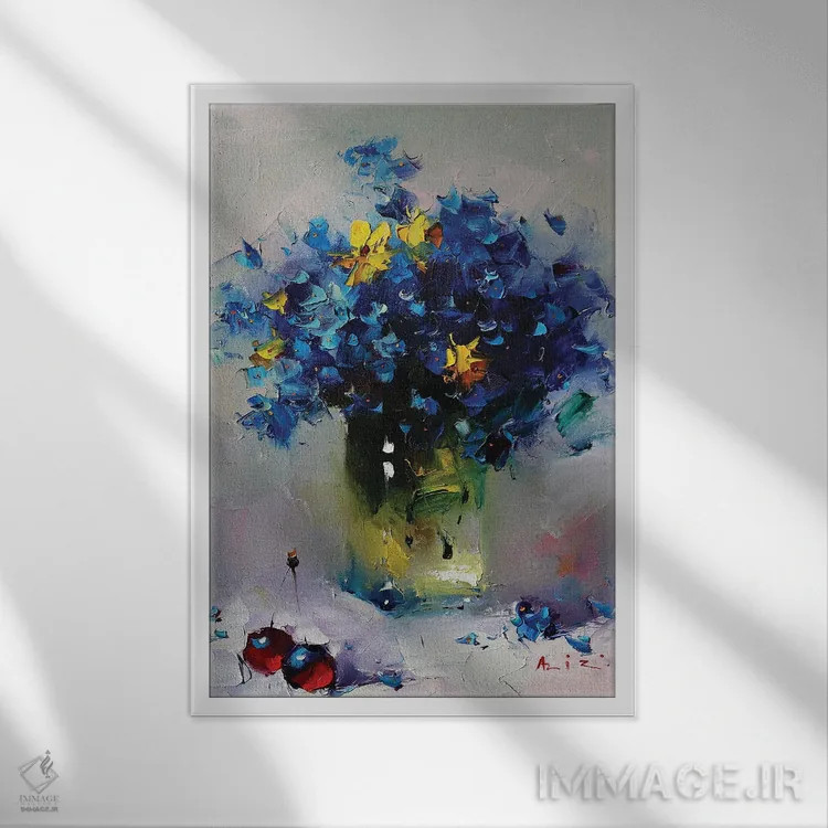 تابلو دستهگل آبی اثر عزیز سلیماناف - نمای قابدار سفید