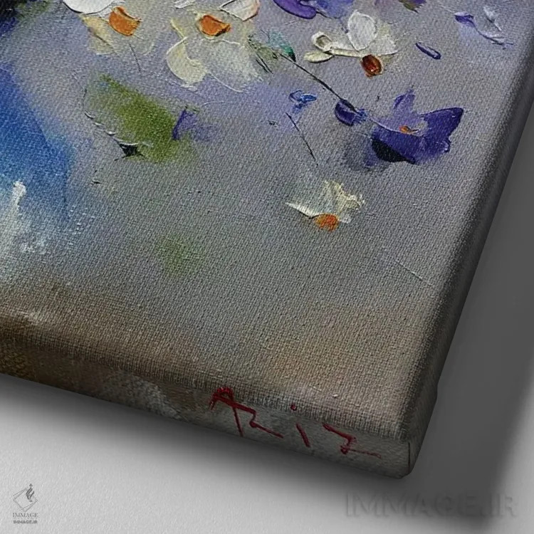 تابلو گلدان با زنگولهایها اثر عزیز سلیماناف - نمای نزدیک بافت بوم