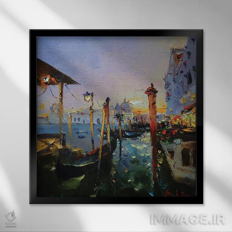 تابلو گوندولا در ونیز (قایق سنتی ونیزی) اثر عزیز سلیماناف - نمای قابدار مشکی