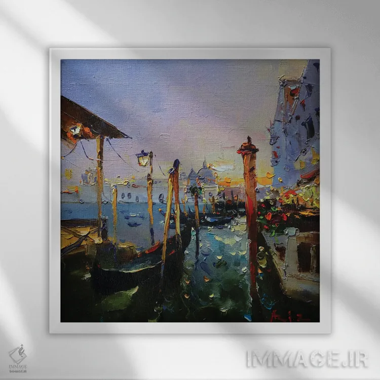 تابلو گوندولا در ونیز (قایق سنتی ونیزی) اثر عزیز سلیماناف - نمای قابدار سفید
