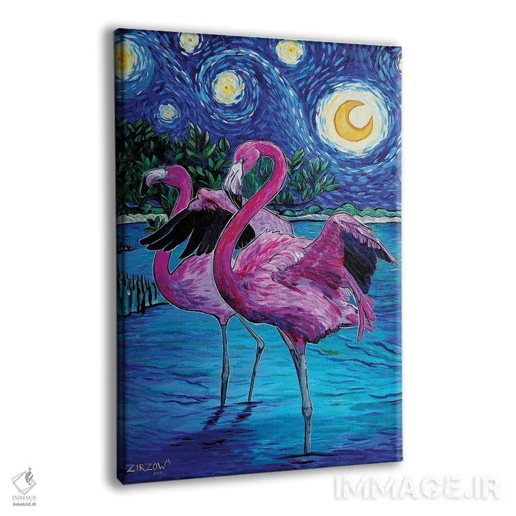 تابلو فلامینگوها در شب پرستاره اثر آماندا زیرزو - نمای پرسپکتیو محصول