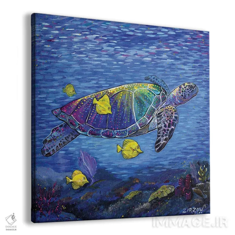 تابلو رانش استوایی (لاکپشت دریایی پرانرژی و ماهی زردش) اثر آماندا زیرزو - نمای پرسپکتیو محصول