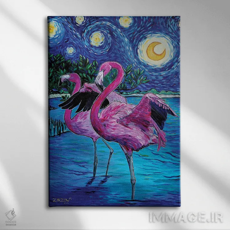 تابلو فلامینگوها در شب پرستاره اثر آماندا زیرزو - نمای روبهرو روی دیوار