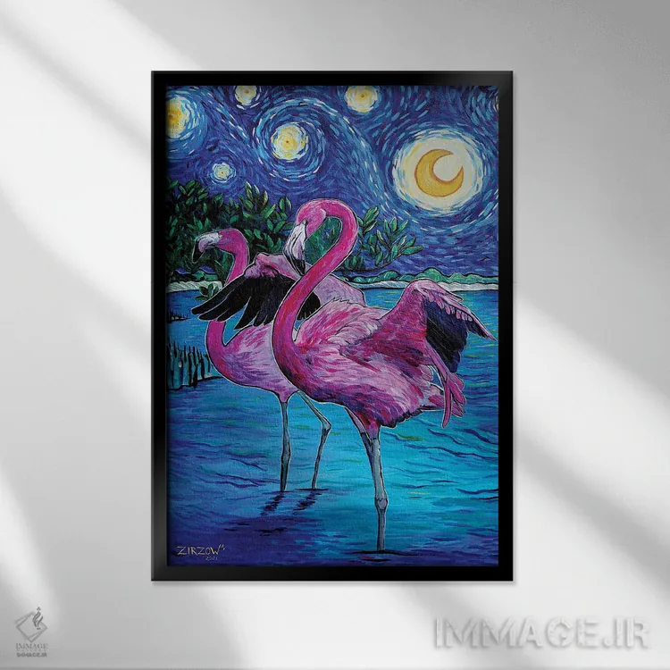 تابلو فلامینگوها در شب پرستاره اثر آماندا زیرزو - نمای قابدار مشکی