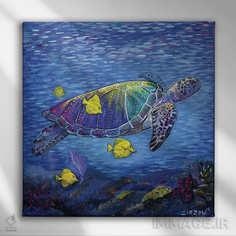 تابلو رانش استوایی (لاکپشت دریایی پرانرژی و ماهی زردش) اثر آماندا زیرزو - نمای روبهرو روی دیوار