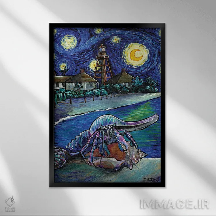 تابلو خرچنگ منزوی در شب پرستاره اثر آماندا زیرزو - نمای قابدار مشکی