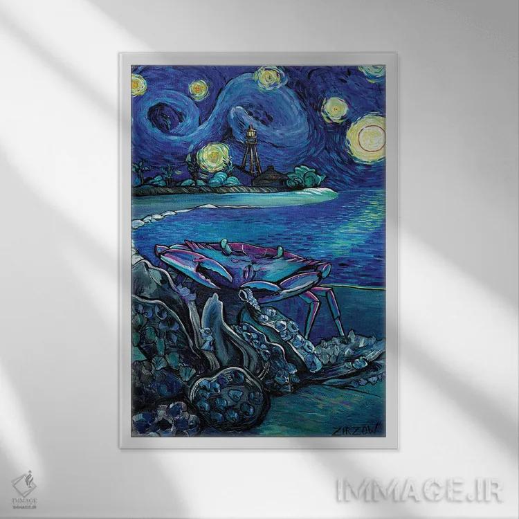 تابلو خرچنگ و صدف اثر آماندا زیرزو - نمای قابدار سفید