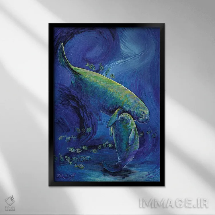 تابلو مادر و بچه گاو دریایی اثر آماندا زیرزو - نمای قابدار مشکی