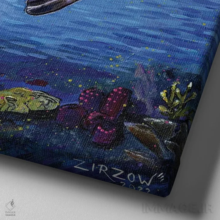 تابلو رانش استوایی (لاکپشت دریایی پرانرژی و ماهی زردش) اثر آماندا زیرزو - نمای نزدیک بافت بوم