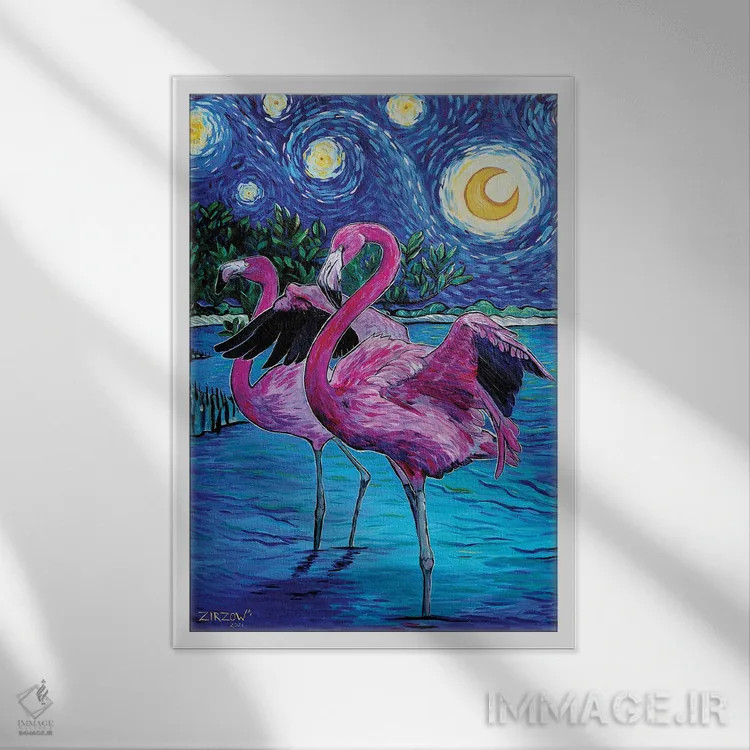 تابلو فلامینگوها در شب پرستاره اثر آماندا زیرزو - نمای قابدار سفید