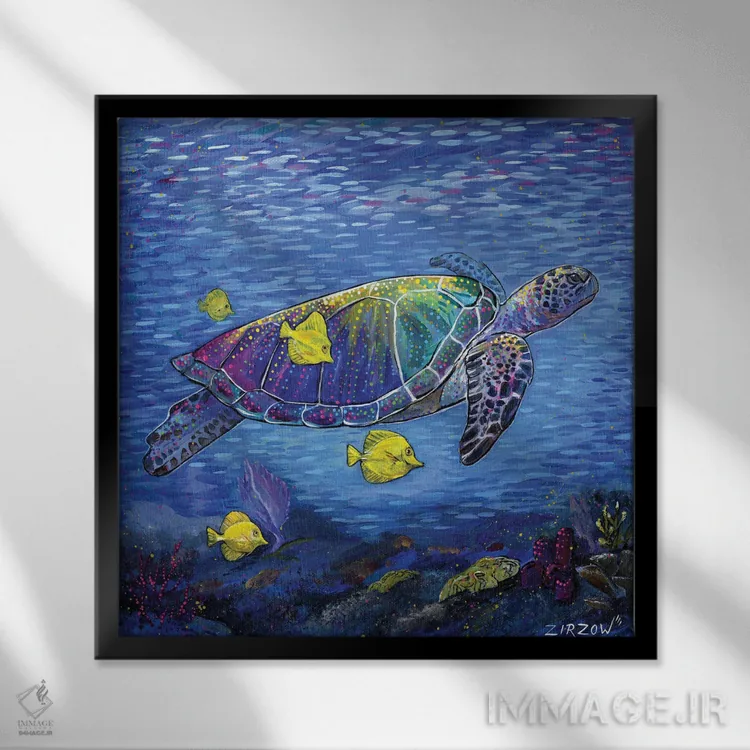 تابلو رانش استوایی (لاکپشت دریایی پرانرژی و ماهی زردش) اثر آماندا زیرزو - نمای قابدار مشکی