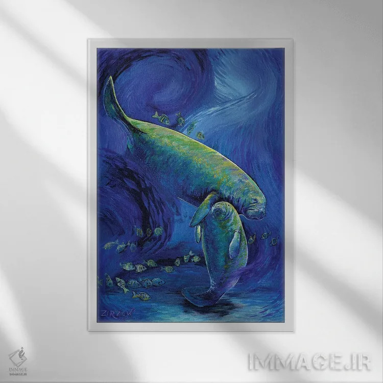 تابلو مادر و بچه گاو دریایی اثر آماندا زیرزو - نمای قابدار سفید