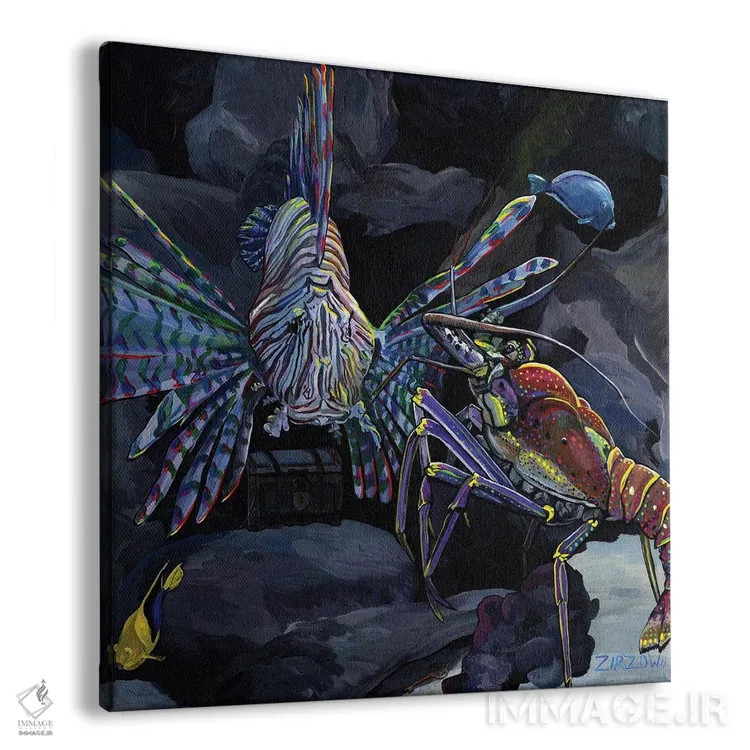 تابلو خرچنگ دریایی و ماهی آتشین (شیر و خاردار) اثر آماندا زیرزو - نمای پرسپکتیو محصول