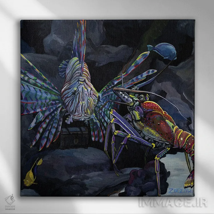 تابلو خرچنگ دریایی و ماهی آتشین (شیر و خاردار) اثر آماندا زیرزو - نمای روبهرو روی دیوار