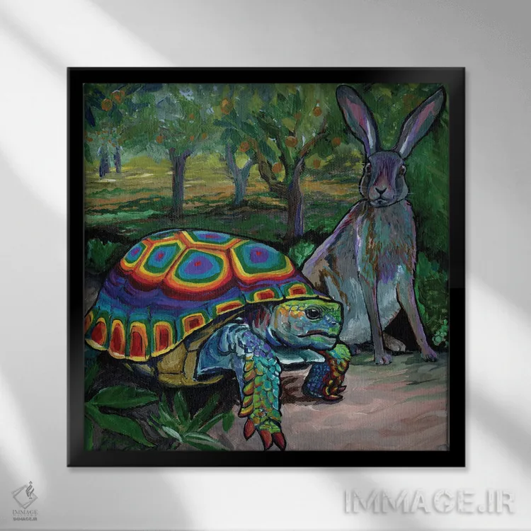 تابلو لاکپشت و خرگوش اثر آماندا زیرزو - نمای قابدار مشکی