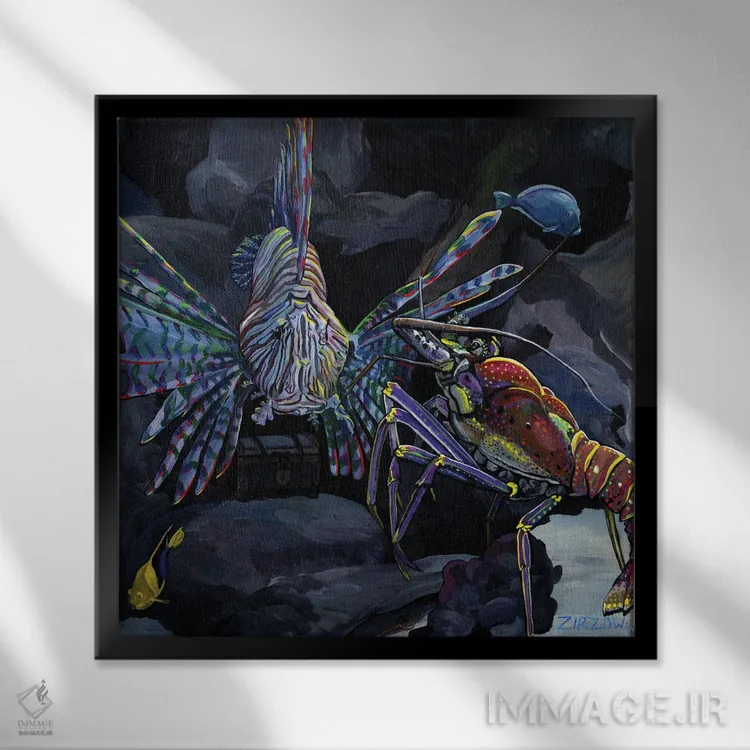 تابلو خرچنگ دریایی و ماهی آتشین (شیر و خاردار) اثر آماندا زیرزو - نمای قابدار مشکی
