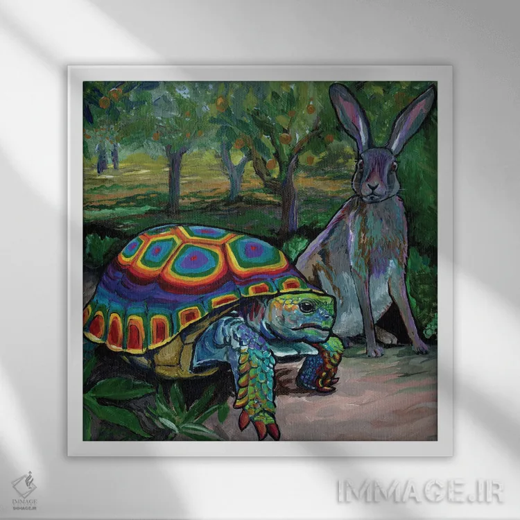 تابلو لاکپشت و خرگوش اثر آماندا زیرزو - نمای قابدار سفید