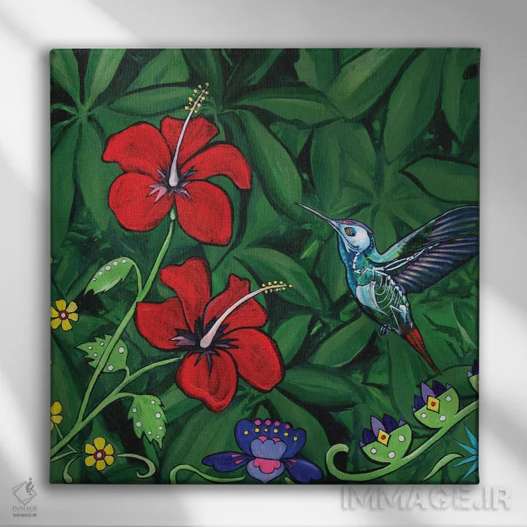 تابلو مرغ مگسخوار و گلها در جهان پس از مرگ اثر آماندا زیرزو - نمای روبهرو روی دیوار