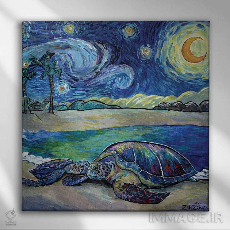 تابلو لاکپشتهای دریایی در شب پرستاره اثر آماندا زیرزو - نمای روبهرو روی دیوار