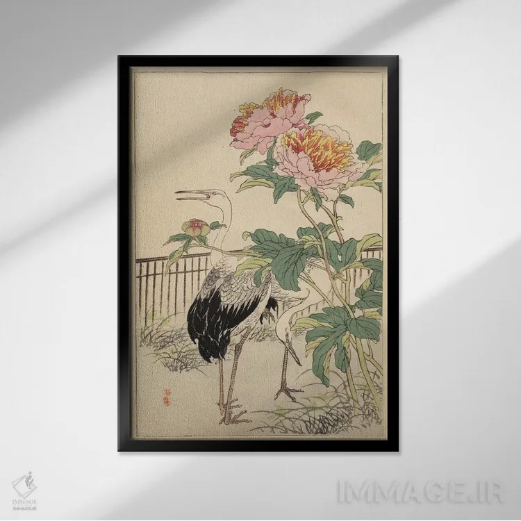 تابلو درنا و گل صدتومانی اثر بایری - نمای قابدار مشکی