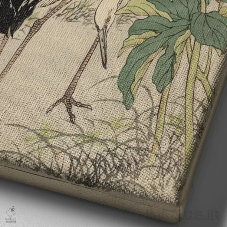 تابلو درنا و گل صدتومانی اثر بایری - نمای نزدیک بافت بوم