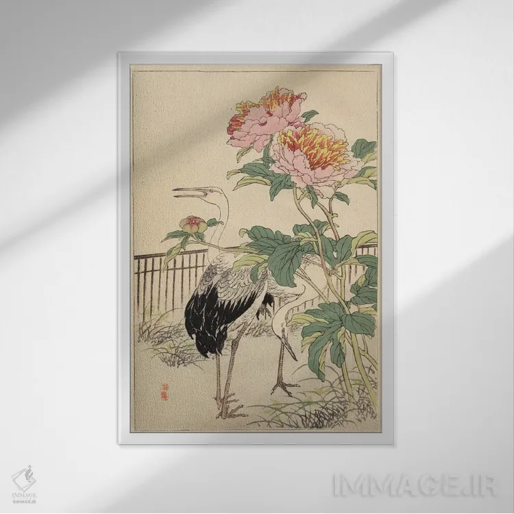 تابلو درنا و گل صدتومانی اثر بایری - نمای قابدار سفید