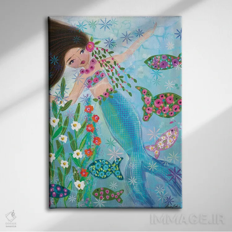 تابلو پری دریایی باغ گل کورال اثر برندا بوش - نمای روبهرو روی دیوار