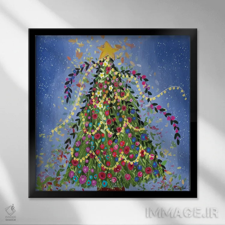 تابلو درخت کریسمس شاد اثر برندا بوش - نمای قابدار مشکی