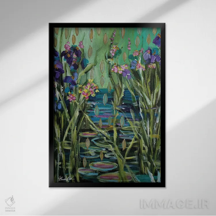 تابلو نیلوفرهای آبی ذن اثر برندا بوش - نمای قابدار مشکی