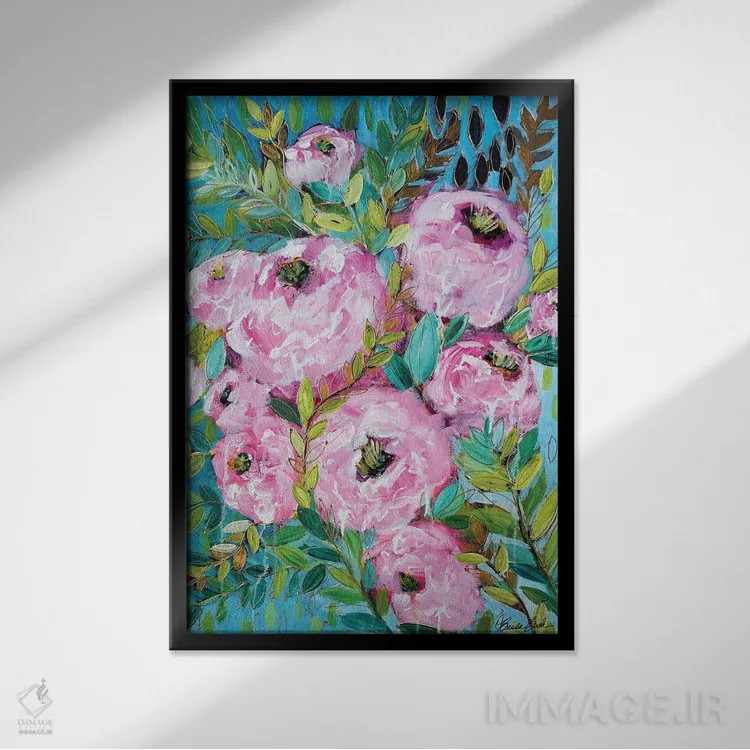 تابلو گل صدتومانی صورتی اثر برندا بوش - نمای قابدار مشکی