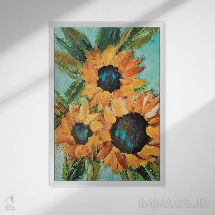 تابلو سهتایی گل آفتابگردان اثر برندا بوش - نمای قابدار سفید
