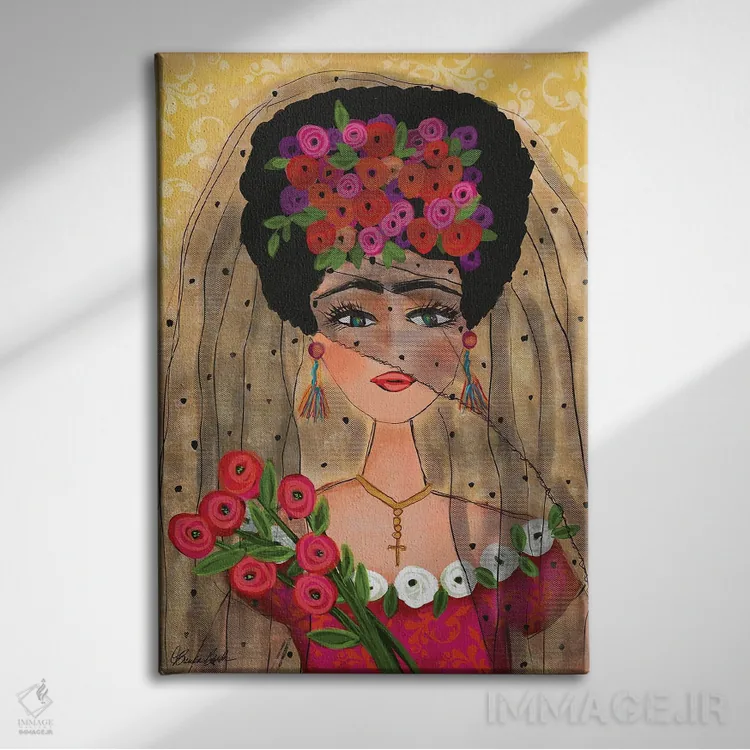 تابلو فریدا در حجاب خود اثر برندا بوش - نمای روبهرو روی دیوار