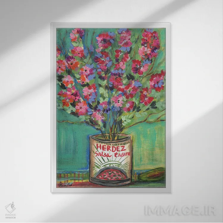 تابلو بوگنویلیا در قوطی سالسا اثر برندا بوش - نمای قابدار سفید