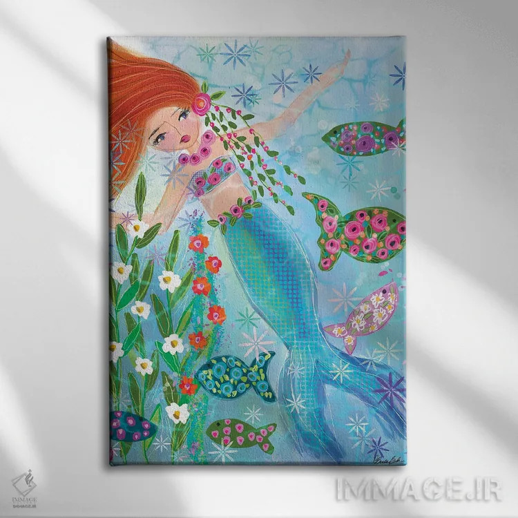 تابلو پری دریایی باغ گل یاقوتی اثر برندا بوش - نمای روبهرو روی دیوار