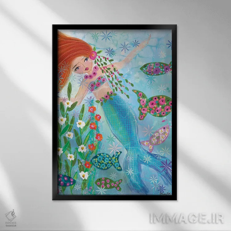 تابلو پری دریایی باغ گل یاقوتی اثر برندا بوش - نمای قابدار مشکی