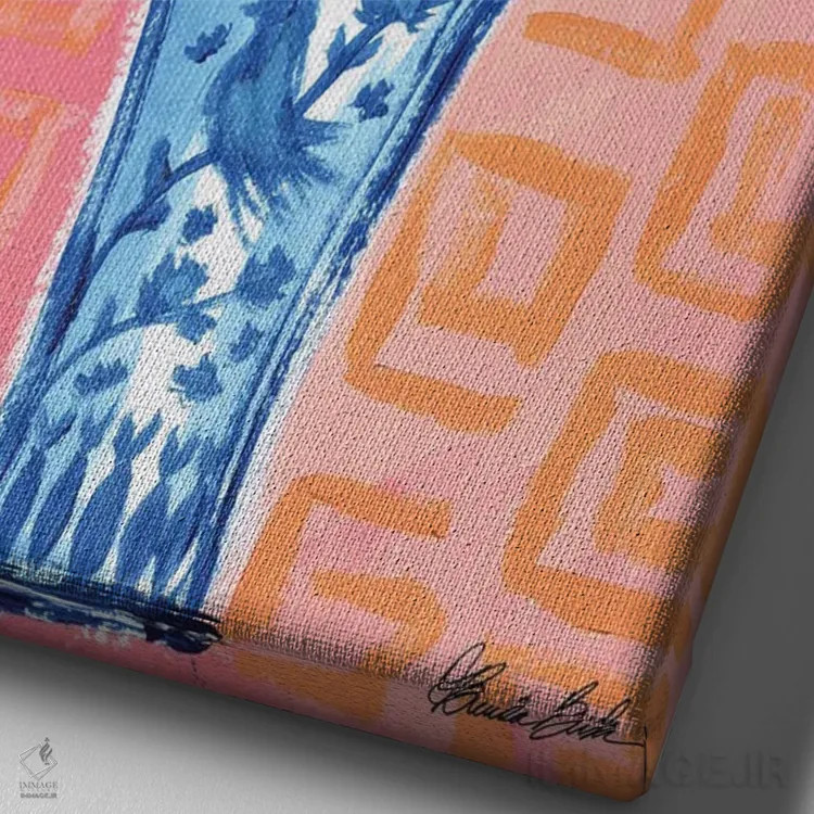 تابلو گلدان پرندهٔ آبی اثر برندا بوش - نمای نزدیک بافت بوم