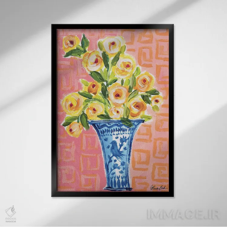 تابلو گلدان پرندهٔ آبی اثر برندا بوش - نمای قابدار مشکی