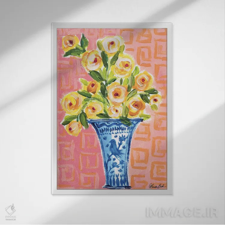 تابلو گلدان پرندهٔ آبی اثر برندا بوش - نمای قابدار سفید