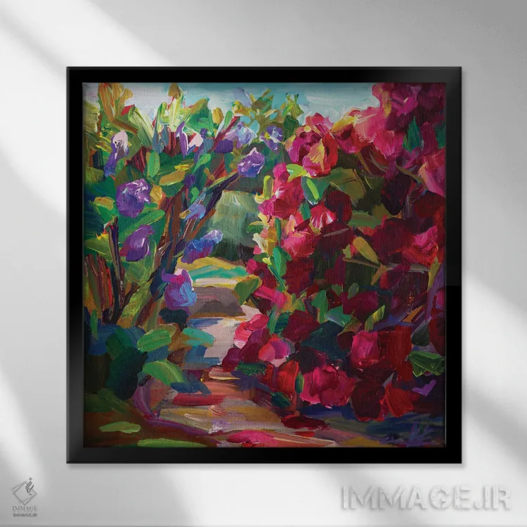 تابلو یاس بنفش و رودودندرون اثر بروک بورچرباورگ - نمای قابدار مشکی