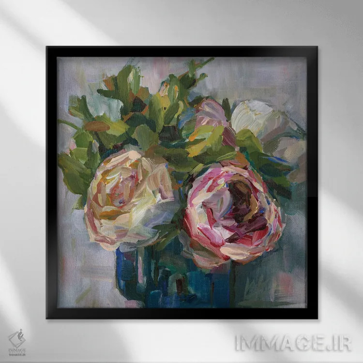 تابلو سهتایی گل صدتومانی اثر بروک بورچرباورگ - نمای قابدار مشکی