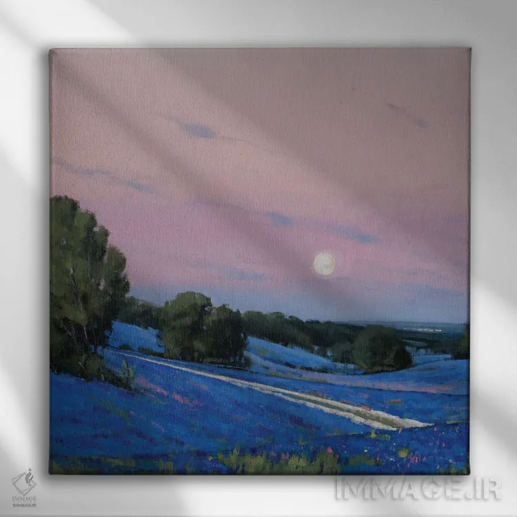 تابلو طلوع ماه بر فراز تپهها و گلهای بلو بانت اثر بن بائر - نمای روبهرو روی دیوار