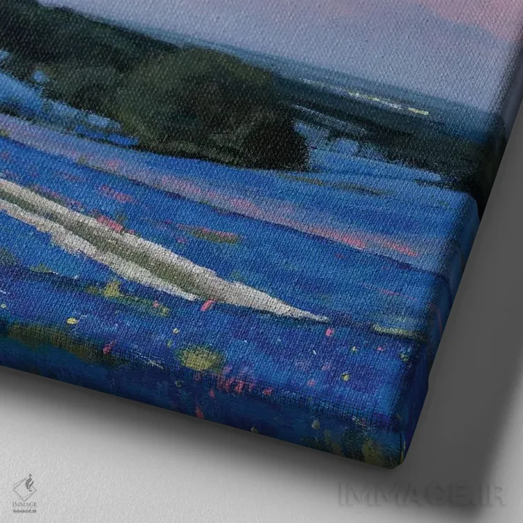 تابلو طلوع ماه بر فراز تپهها و گلهای بلو بانت اثر بن بائر - نمای نزدیک بافت بوم