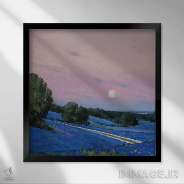 تابلو طلوع ماه بر فراز تپهها و گلهای بلو بانت اثر بن بائر - نمای قابدار مشکی