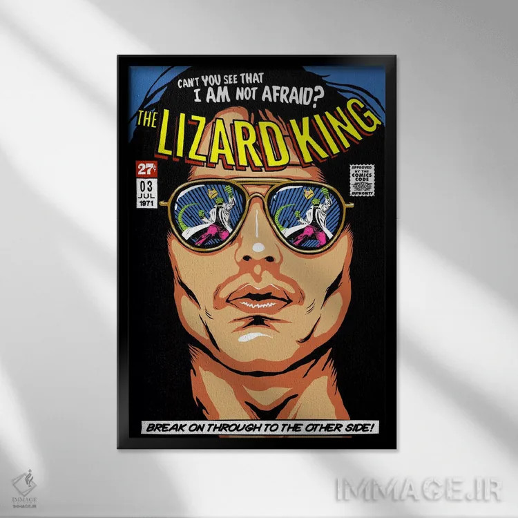 تابلو پادشاه مارمولکها (لقب جیم موریسون) اثر بوچر بیلی (هنرمند برزیلی پوپآرت) - نمای قابدار مشکی