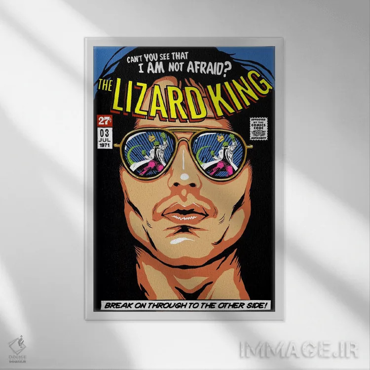 تابلو پادشاه مارمولکها (لقب جیم موریسون) اثر بوچر بیلی (هنرمند برزیلی پوپآرت) - نمای قابدار سفید