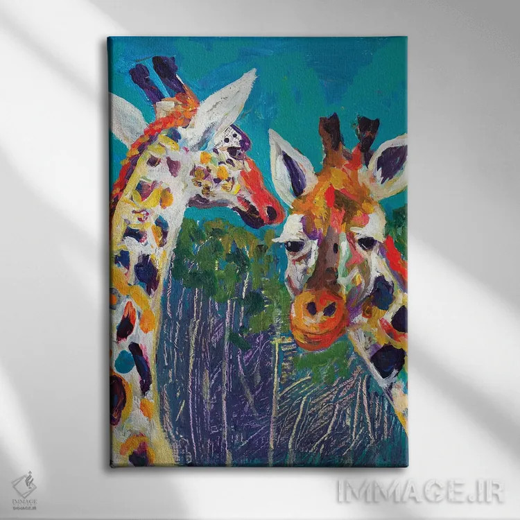 تابلو زرافههای رنگارنگ اثر اندی بوچمپ - نمای روبهرو روی دیوار