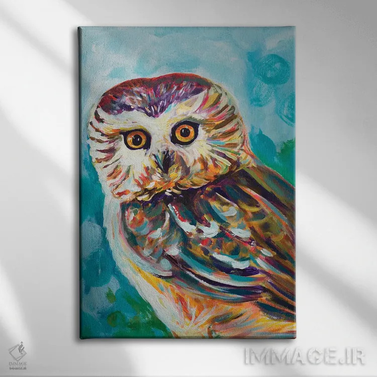 تابلو جغد رنگارنگ اثر اندی بوچمپ - نمای روبهرو روی دیوار