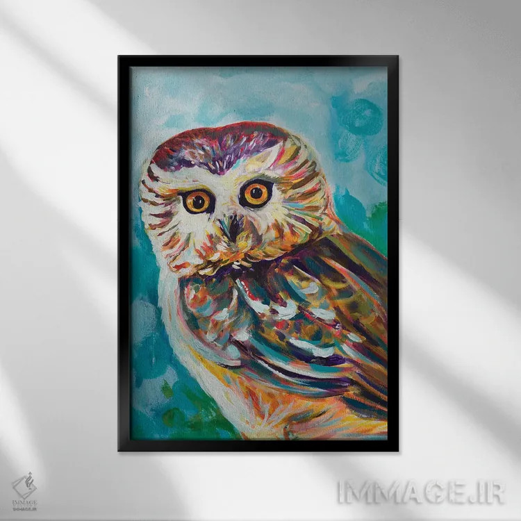 تابلو جغد رنگارنگ اثر اندی بوچمپ - نمای قابدار مشکی