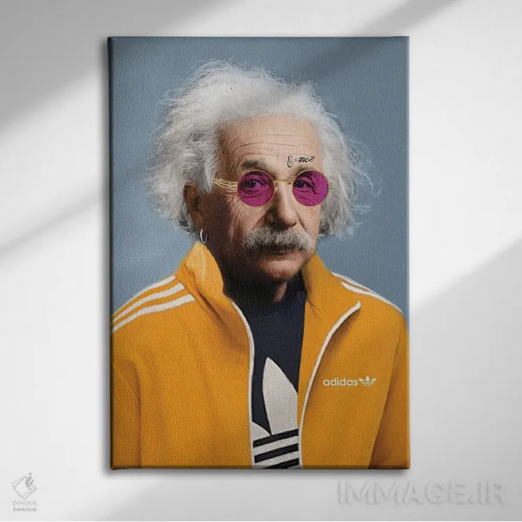 تابلو اینشتین با لباس آدیداس آبی اثر بکر جیلان - نمای روبهرو روی دیوار